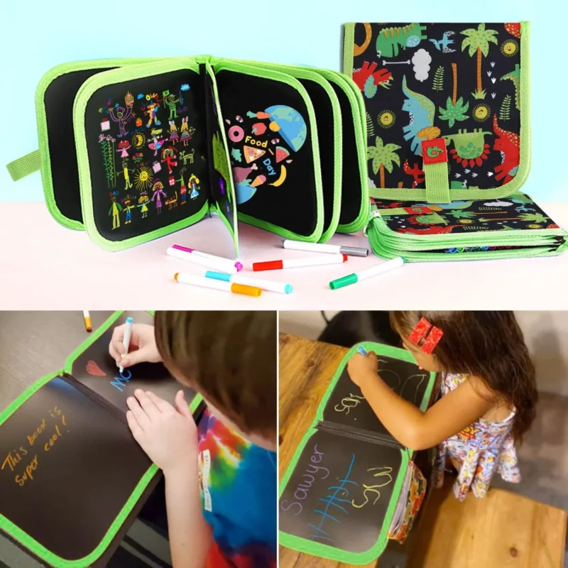 Colorful doodle book with markers for kids drawing.