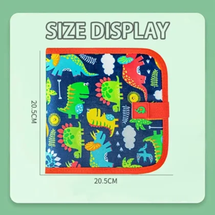 Colorful dinosaur wallet, 20.5cm dimensions displayed.