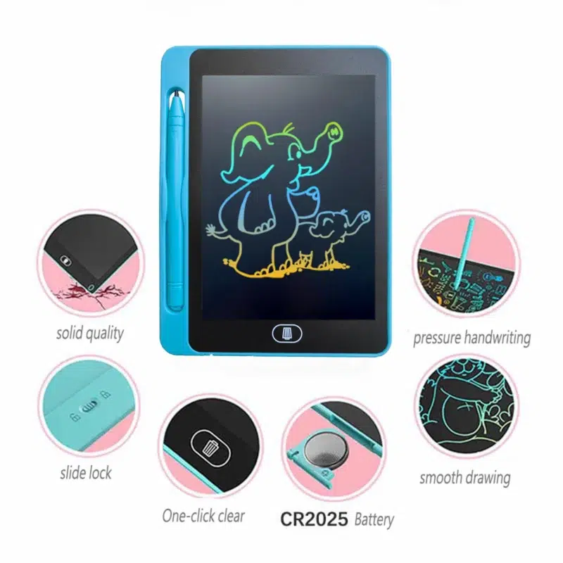 Colorful digital writing tablet with stylus and features.