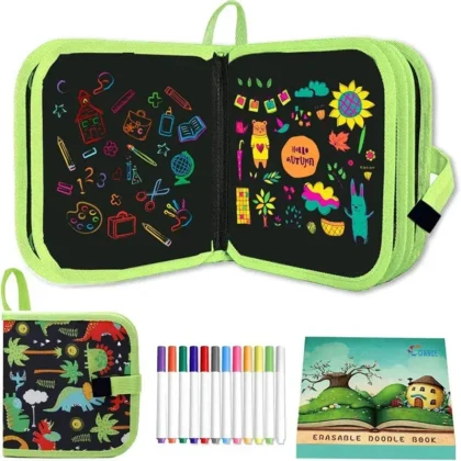 Erasable doodle book with drawings and markers.