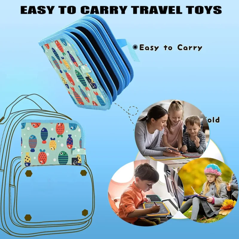 Portable travel toy organizer with colorful fish design.