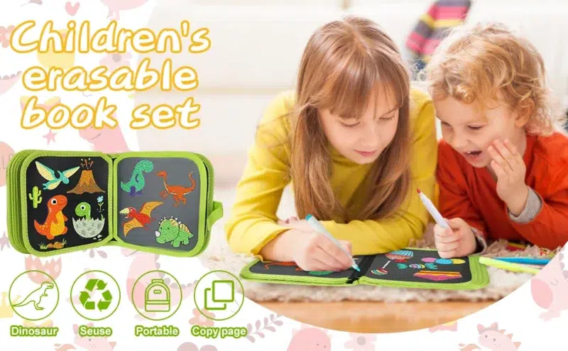 Children using dinosaur-themed erasable drawing book.